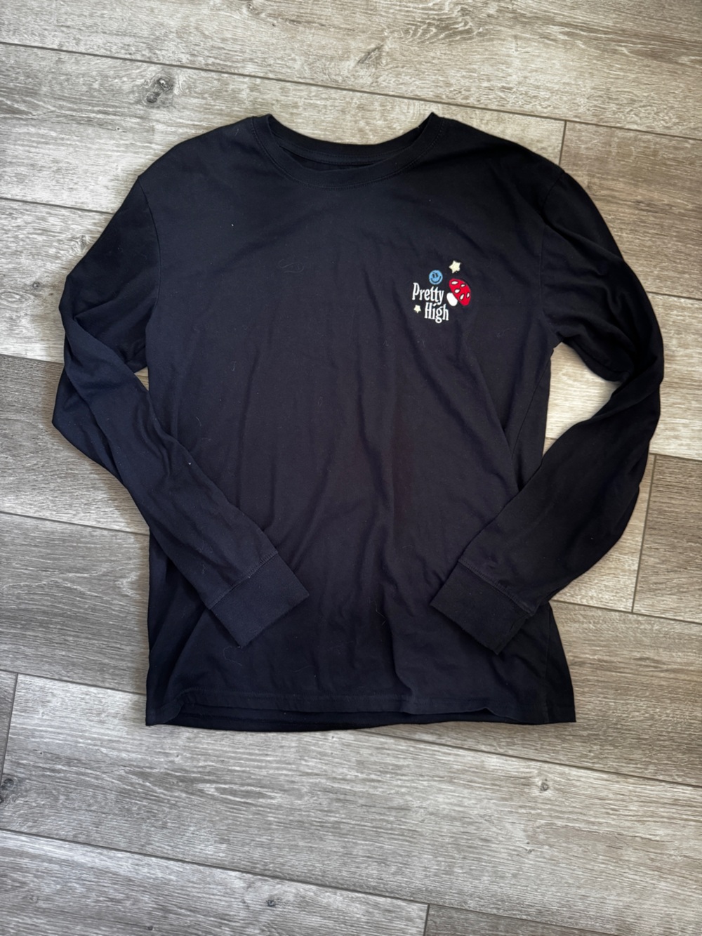 PacSun Black Long-Sleeve Tee with Red Mushroom Chest Graphic